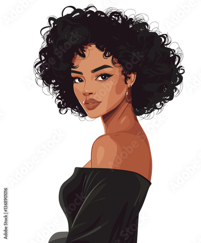 Confident African-American woman with short curly hair poses gracefully in a black off-shoulder top