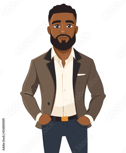 Confident African-American man in a stylish suit posing for a portrait in a modern, urban setting during the day