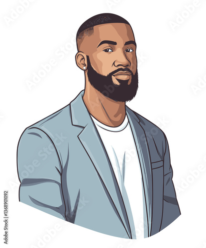 Confident African-American man dressed in a blazer showcasing his style and charisma in a professional setting