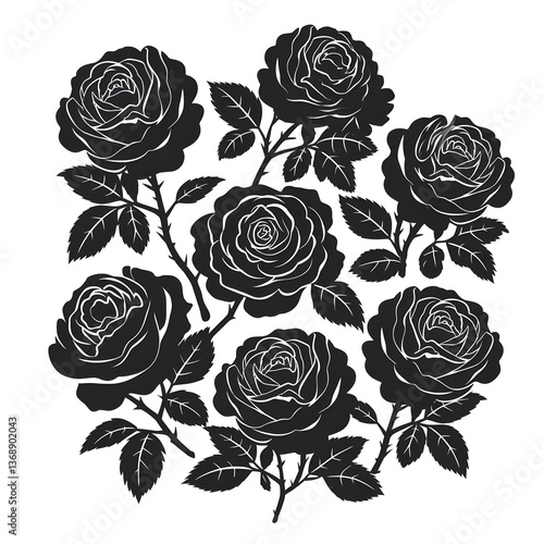 Beautiful Black Rose Silhouette Illustration – Elegant Floral Art Design with Leaves & Branches