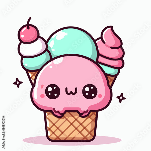 A cartoon character holding an ice cream cone with a cherry on top