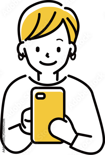 定番　伝わる 人物イラスト　笑顔でスマホ操作するショートカットの女性