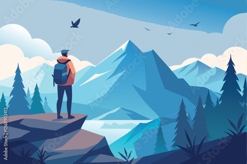 A minimalist vector illustration of a traveler with a backpack standing on a mountain peak, looking at a vast landscape, with birds flying in the background