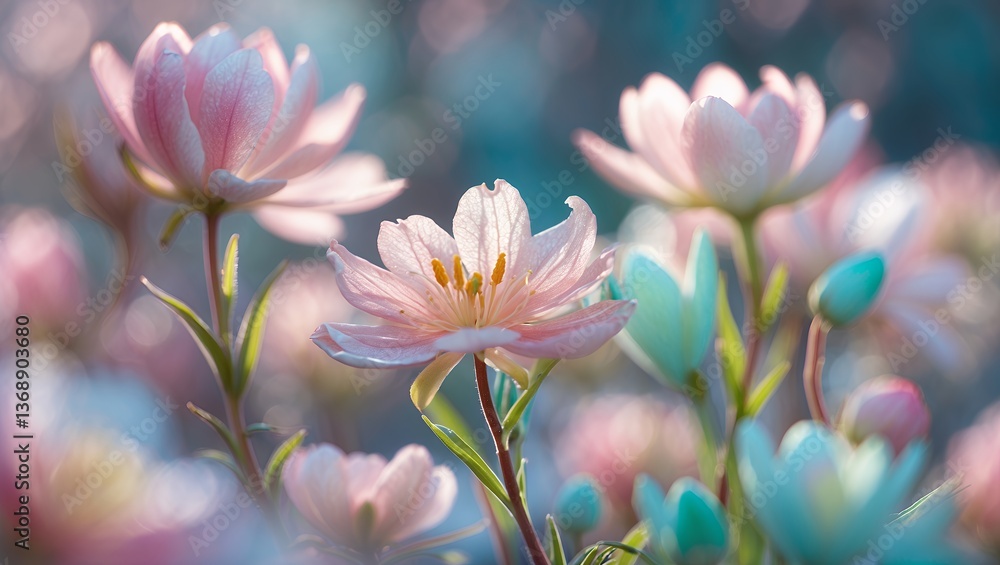 Fototapeta premium Soft focus view of delicate pink and white blossoms