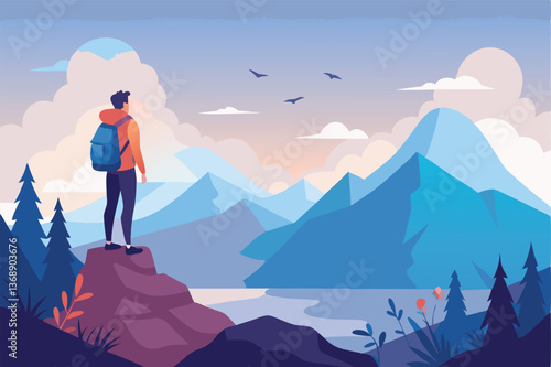 A minimalist vector illustration of a traveler with a backpack standing on a mountain peak, looking at a vast landscape, with birds flying in the background
