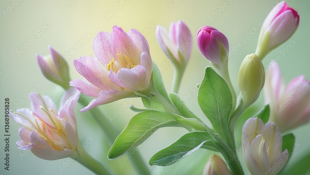 Fototapeta premium Soft pink flowers with yellow center and green leaves bloom