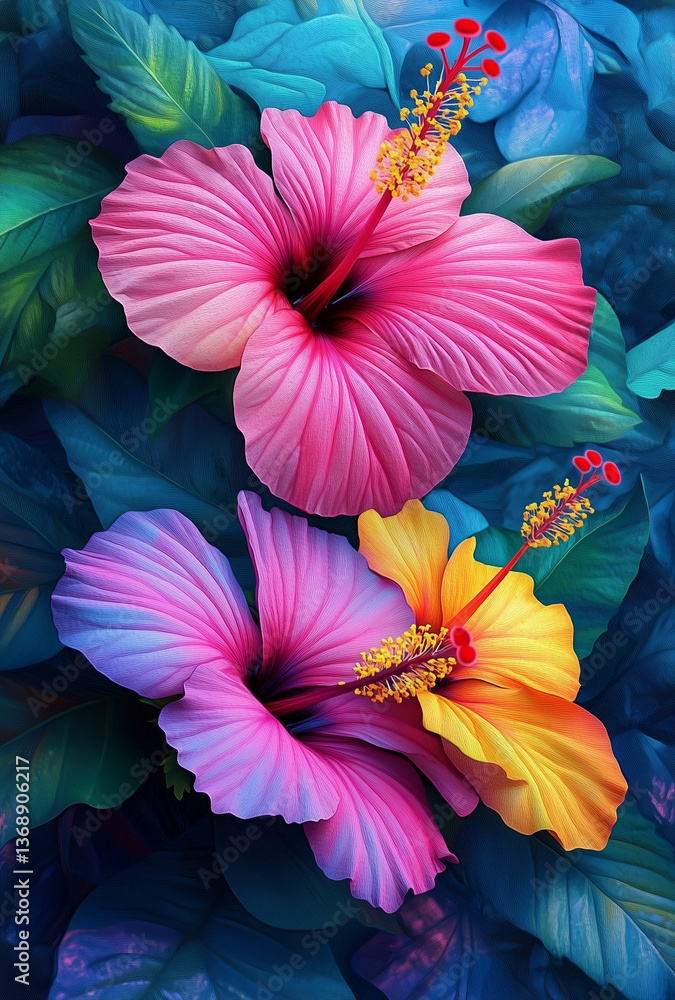 Bright hibiscus blossoming against deep green foliage, revealing vivid color contrast in lush tropical setting