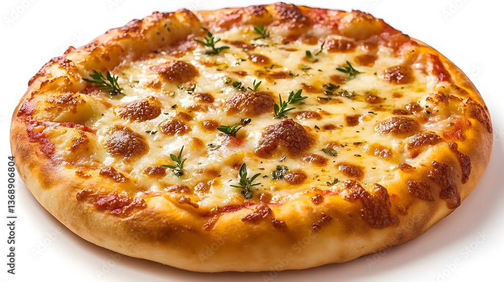 A high-quality, detailed photographic image of an isolated, round pizza with cheese and herbs on a white background. A high-quality, detailed photographic image of an isolated, round pizza with cheese and herbs on a white background.