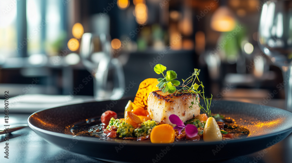 Seared scallop resting on dark ceramic plate, surrounded by colorful seasonal vegetables and herb-infused sauce