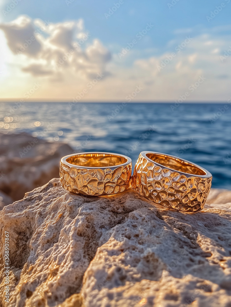 Hammered gold wedding bands resting on seaside rock, golden sunset glowing behind romantic jewelry