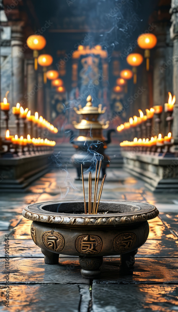 Navaratri product display background podium, Temple of Lights, traditional stone ancient temple courtyard, flickering diyas, sacred symbols, divine setting, ad, podium platform, product presentation