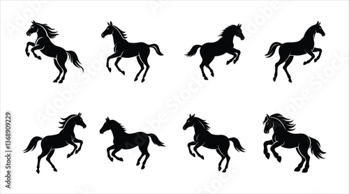 A set of eight horse vector silhouette designs. Simple collection. Isolated bundle on white background.