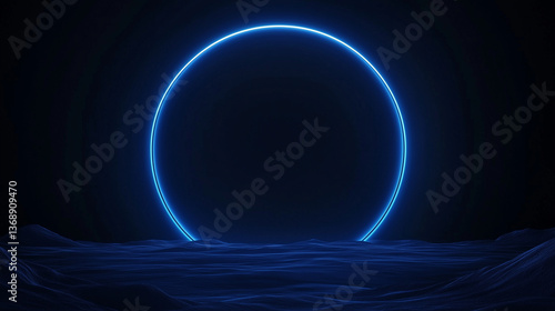 Bright blue neon circle glowing vibrantly over a dark blue wavy landscape, creating an abstract and futuristic atmosphere filled with mystery