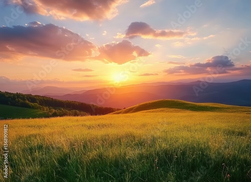 Fototapeta Naklejka Na Ścianę i Meble -  Sunset illuminating carpathian mountains with golden meadow in foreground