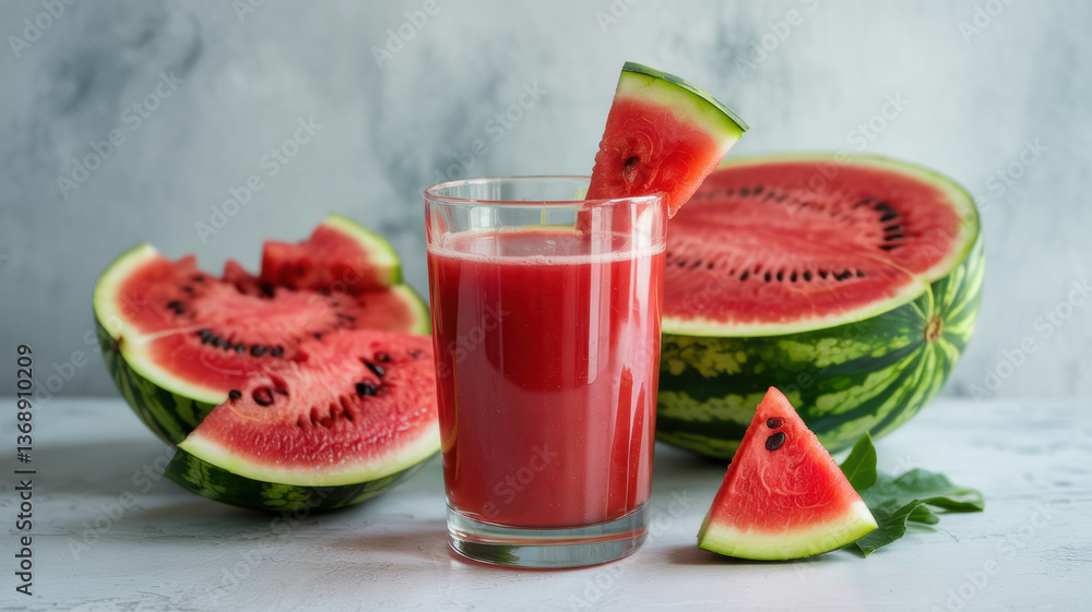 Fresh Watermelon Juice with Mint Garnish and Sliced Watermelon Fresh Watermelon Juice with Mint Garnish and Sliced Watermelon