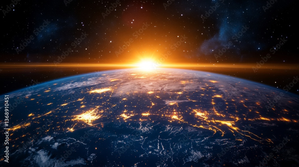 Obraz premium A glowing sphere of Earth in outer space with city lights shining brightly. 