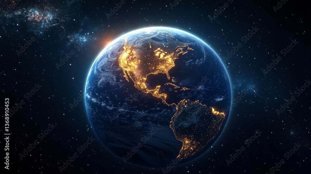 Obraz premium A glowing sphere of Earth in outer space with city lights shining brightly. 