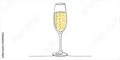 Glass of champagne continuous single line art drawing sketch on white background