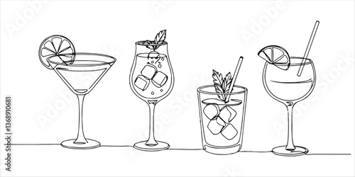 coquette drinks and cocktails continuous single line art drawing sketch on white background