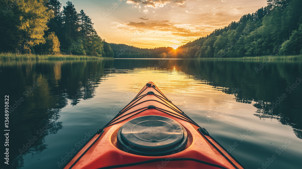 Paddling red kayak across serene lake, silhouetted sunset glowing behind pine forest landscape