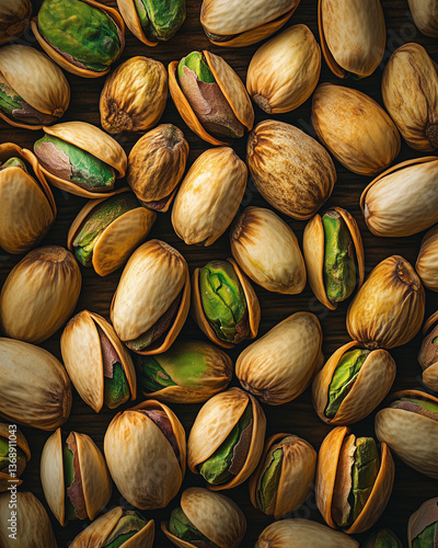 Green pistachios with cracked shells lying scattered across rustic wooden background, displaying nutty texture and natural coloration