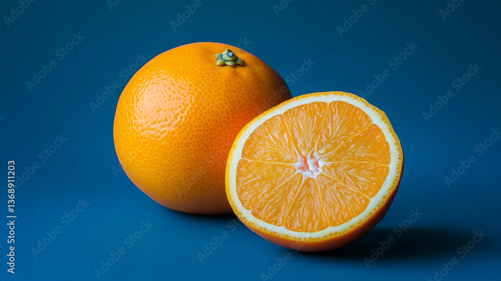 Ripe orange fruit and its half showing the juicy texture on a vibrant blue background, creating a vivid and appetizing image