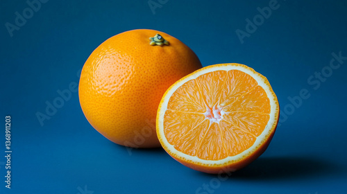 Obraz na płótnie Ripe orange fruit and its half showing the juicy texture on a vibrant blue background, creating a vivid and appetizing image w salonie