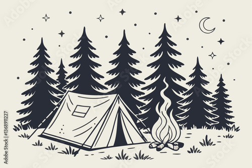 A clean and simple vector design of a cozy campfire in the middle of a dense pine forest, with a tent and a starry night sky in the background