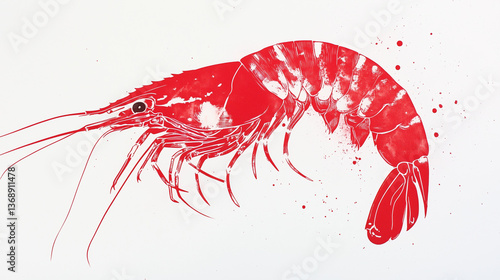 Red ink risograph print of a detailed shrimp on white background, created with a stencil technique and featuring ink splatters