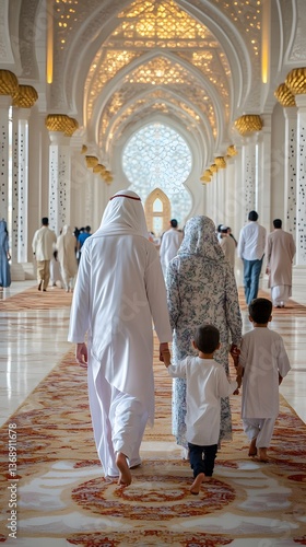 Family walking in white mosque