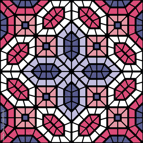 Geometric decoration in a mosaic style with a concentric diamond design. Small tiles in purple, violet, pink, and white on a black background. Seamless repeating pattern. Vector illustration.