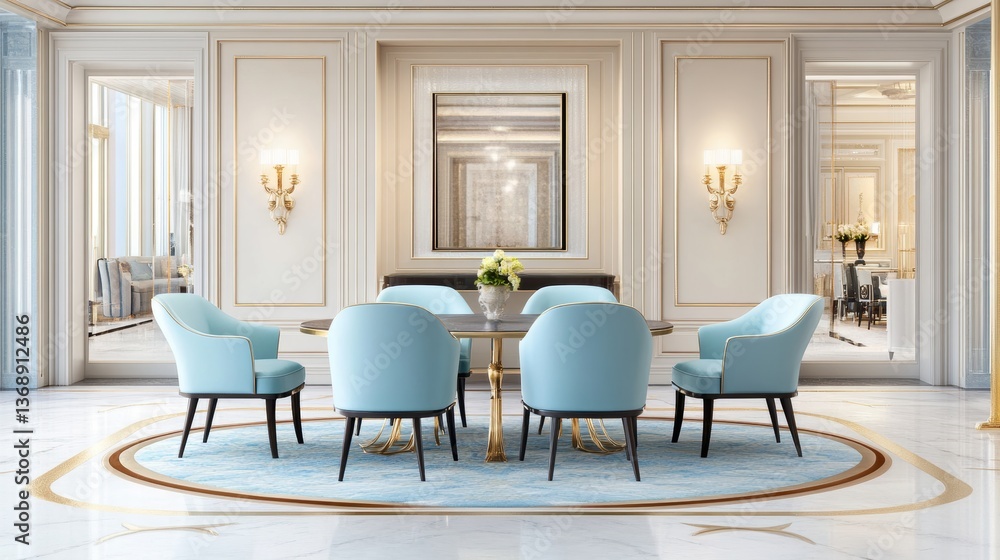 Fototapeta premium Elegant Dining Room with Soft Blue Chairs and Decor