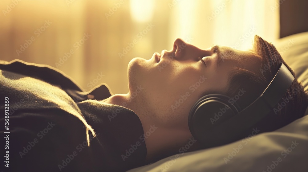 Obraz premium Relaxed Man Listening to Music in Bed