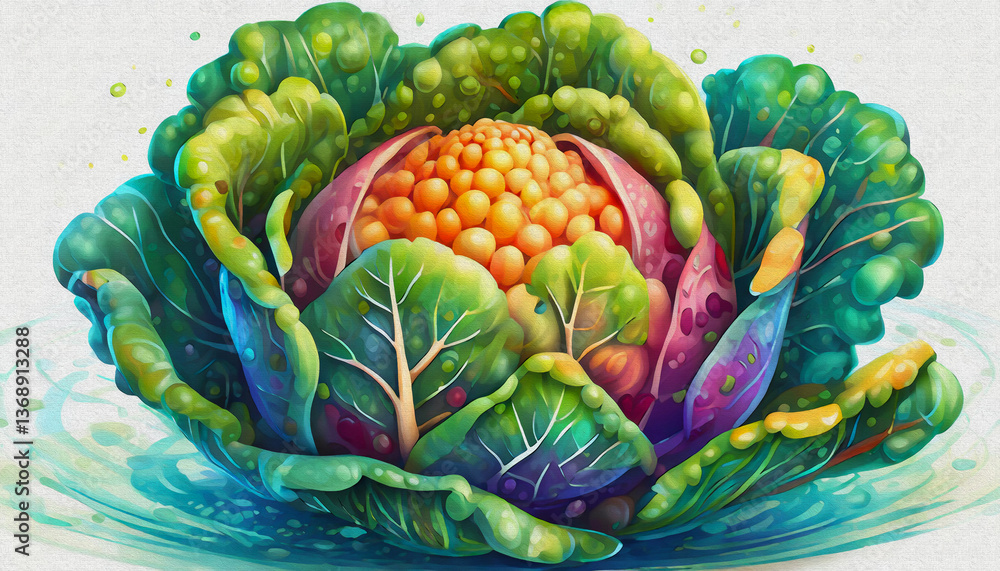 Fototapeta premium oil painting style colored, cabbage isolated on white background, top view. side front