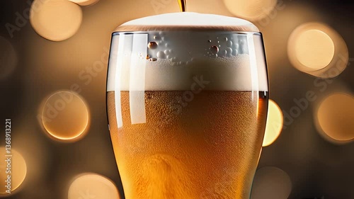 Ultra-realistic macro video of golden beer pouring with foamy overflow · Slow motion 8K cinematic beer ad footage with natural bubble flow · Front view of beer glass overflowing gently in warm light f