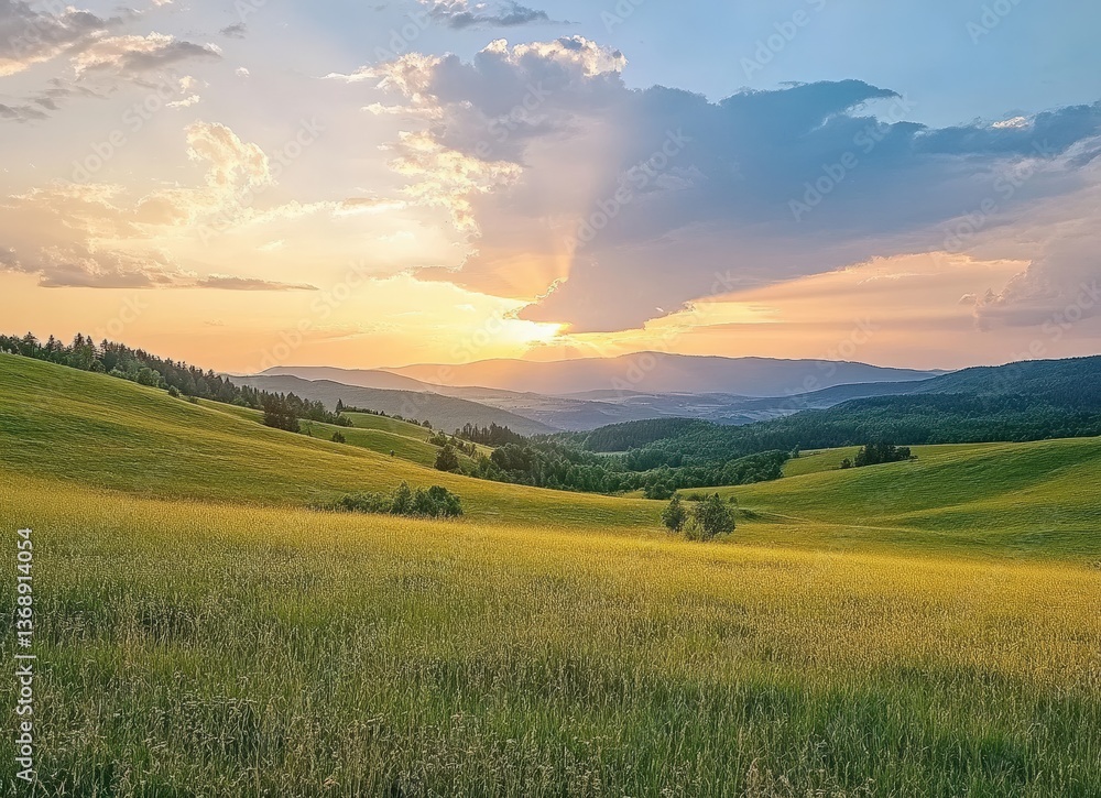 Obraz premium Sunset illuminating rolling hills and green grass in the carpathian mountains