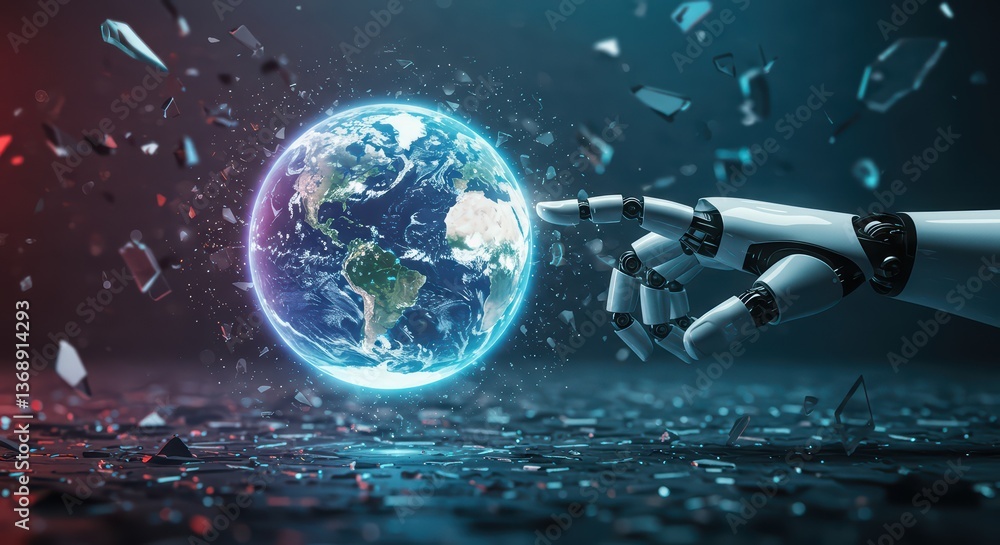 Fototapeta premium A cybernetic hand controls a glowing hologram of Earth, reflecting the power of technology in the world of the future