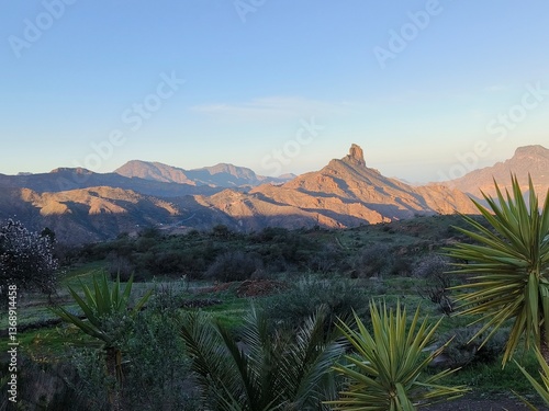 View of Bentayga rock in Gran Canaria in the morning 