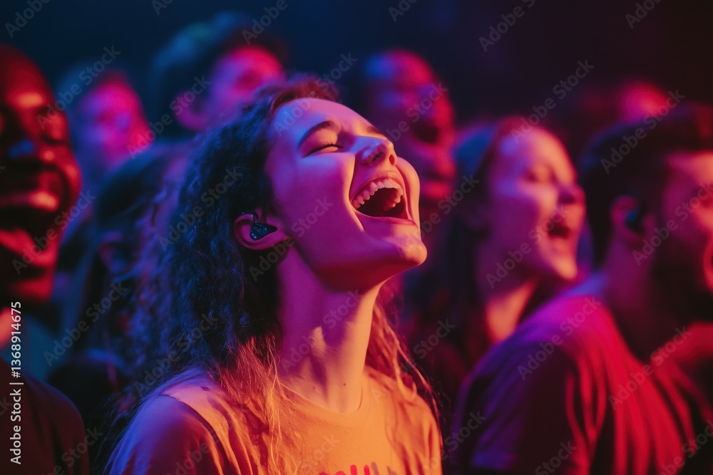 A small group of friends in the front row at a concert, their expressions filled with awe and happiness. A small group of friends in the front row at a concert, their expressions filled with awe and happiness.