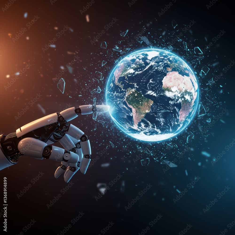Fototapeta premium A cybernetic hand controls a glowing hologram of Earth, reflecting the power of technology in the world of the future