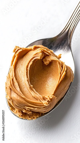 Creamy peanut butter on spoon.