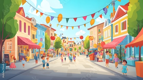 Festive street scene with children and shops