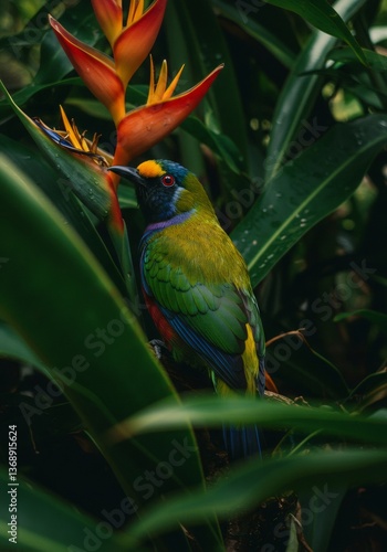 Colorful tropical bird perched near exotic flowers in lush jungle setting. Summer travel and nature exploration concept. Biodiversity and wildlife photography. photo