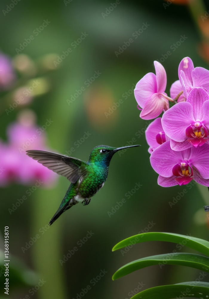 Fototapeta premium Hummingbird feeding on pink orchid flower. Summer tropical nature scene. Exotic bird and blooming plant. Wildlife photography for nature magazine, travel brochure, or calendar design.