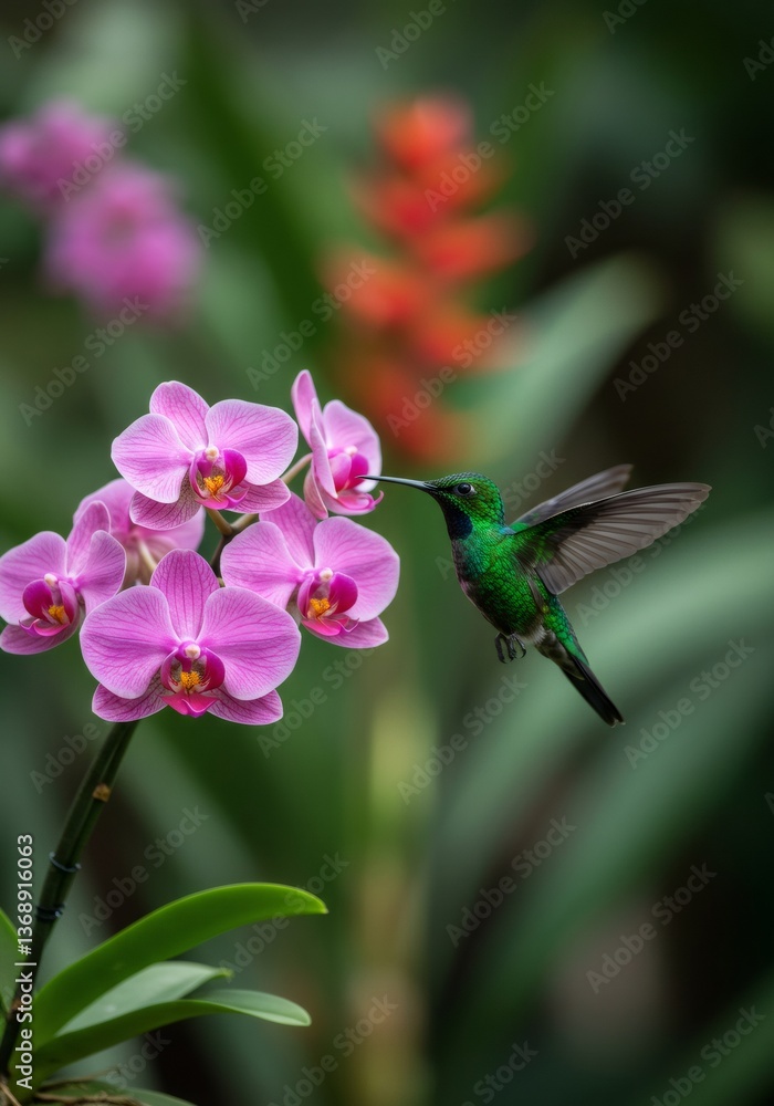 Naklejka premium Hummingbird feeding on pink orchid flower in tropical garden. Summer travel and nature photography concept. Exotic bird and floral beauty in paradise destination.