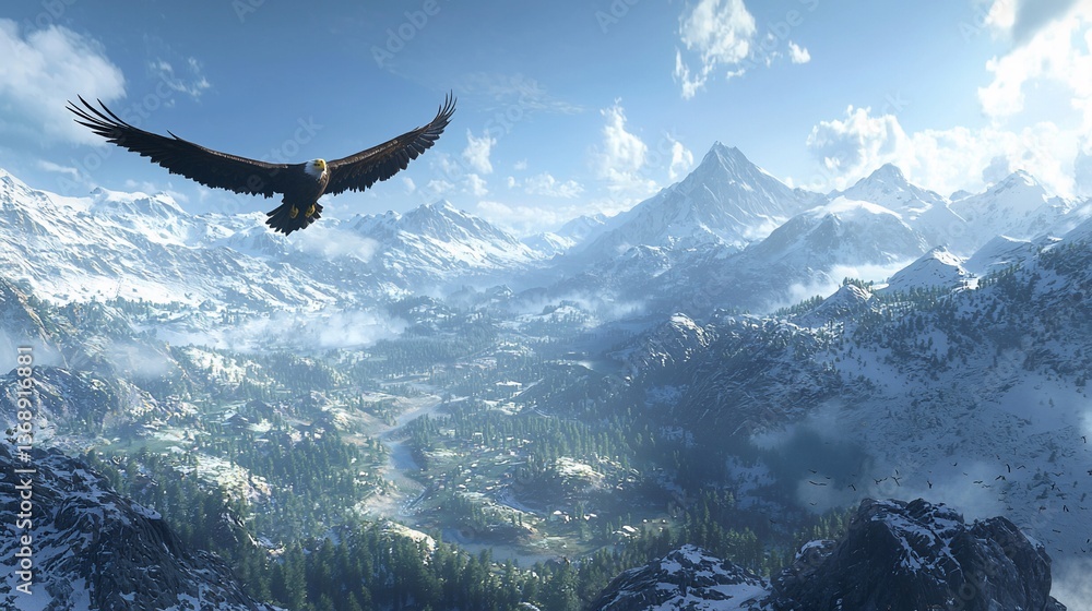 Fototapeta premium Eagle soaring over snowy mountains, valley, and river; nature background for travel brochures
