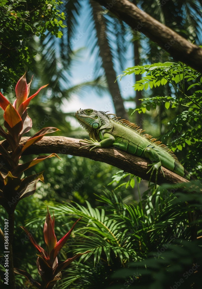 Green iguana resting on tree branch in tropical jungle. Exotic wildlife, rainforest ecosystem. Summer travel and nature adventure concept. Ecotourism destination. Green iguana resting on tree branch in tropical jungle. Exotic wildlife, rainforest ecosystem. Summer travel and nature adventure concept. Ecotourism destination.