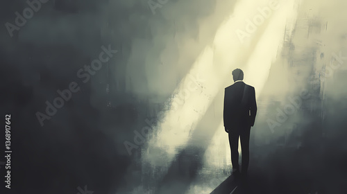 A man in a suit stands in a beam of light, with his face obscured by shadow. Obscured Glow. Illustration