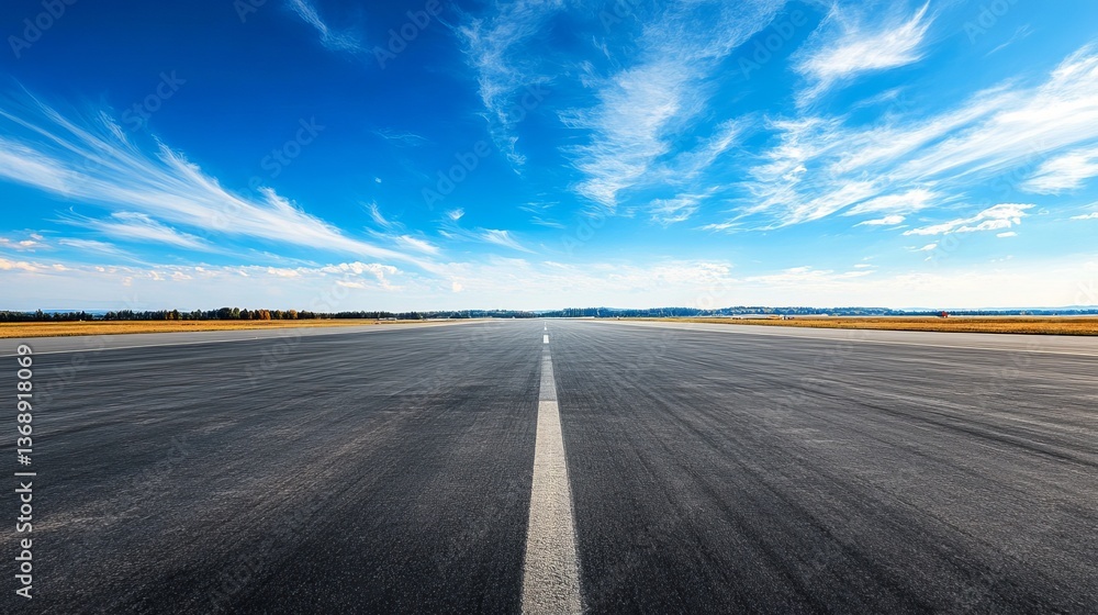 Naklejka premium Vast Empty Tarmac Under a Bright Blue Sky: A Scene of Stillness and Possibility