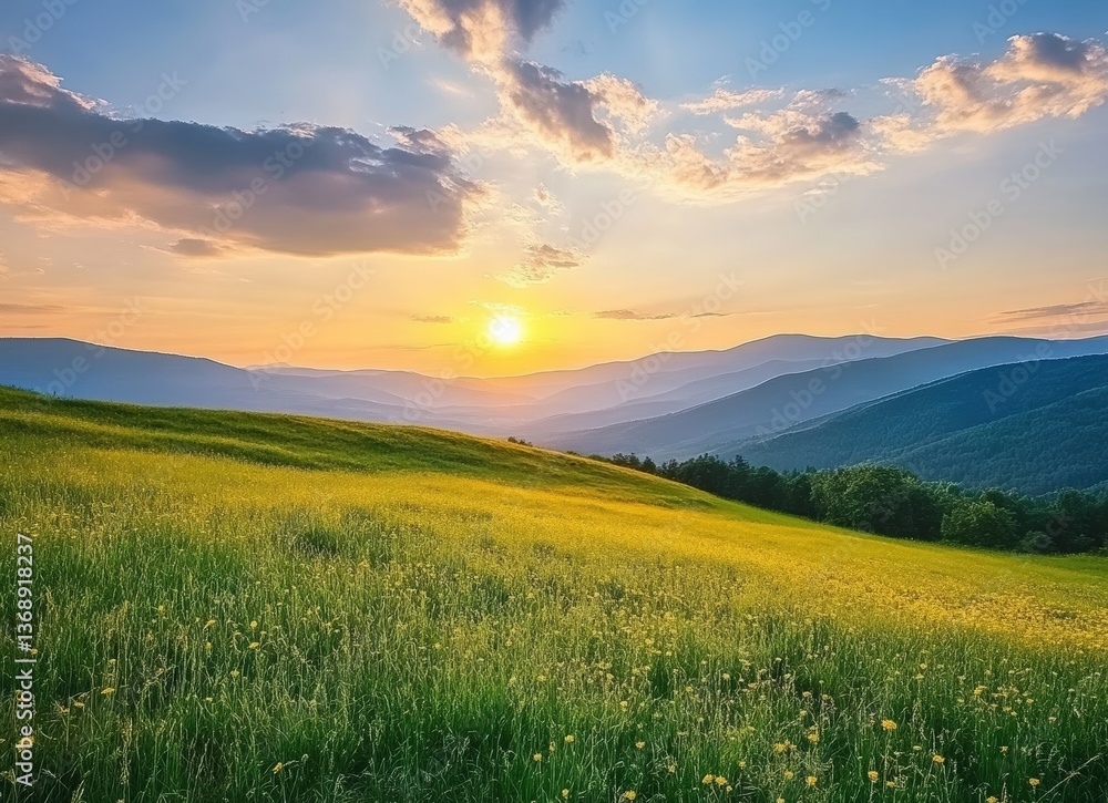 Obraz premium Sunset illuminating rolling hills and meadow in the carpathian mountains